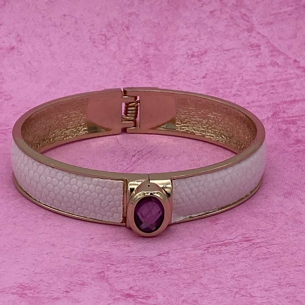 Bangle Bracelet White Leatherette-Wrapped Amethyst Stone, Gold Trim Hinged